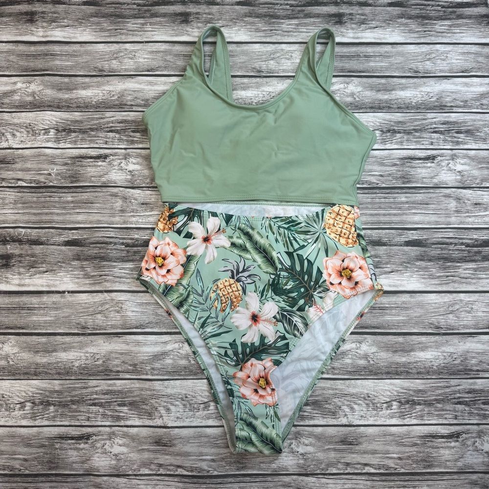 Colorblock One Piece Swimsuit Cutout Tropical Print Sage Green Small